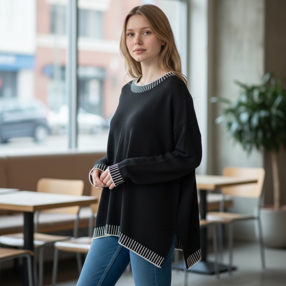 First Love Black knit Sweater with White trim, long sleeve